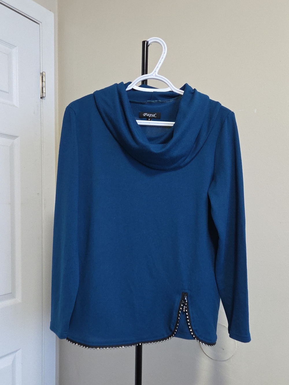 Papa Vancouver Cowl-Neck Women's Sweatshirt in Teal Blue with Beaded Hem